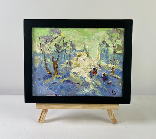 Original Oil Painting Winter Field Landscape There was a lot of snow