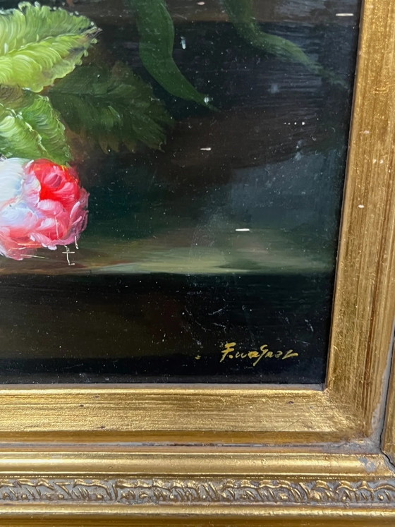 Still life with roses in a beautiful frame on a wooden panel in Flemish style. – Paintings & Drawings (photo 6 of 7)