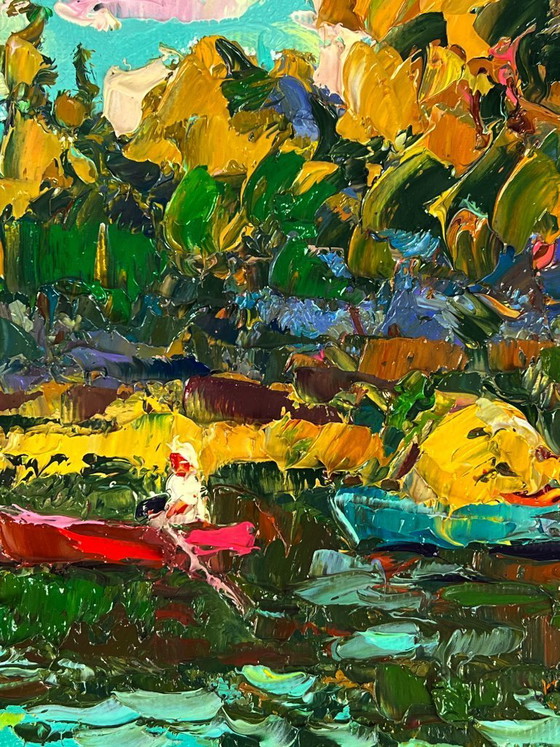 Image 1 of Peinture à l'huile originale représentant un paysage naturel en forêt d'été, sur des bateaux le long de la rivière