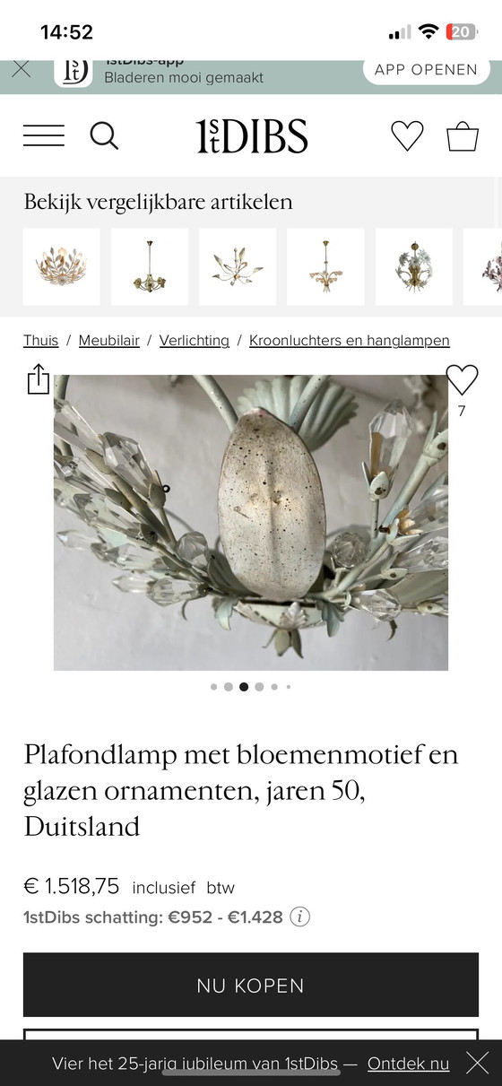Image 1 of Plafondlamp met bloemenmotief en glazen ornamenten, jaren 50, Duitsland
