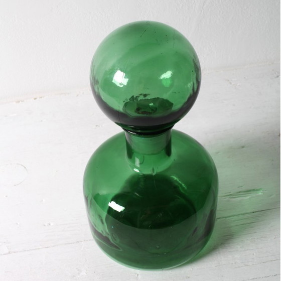Image 1 of Vintage Emerald Green Glass Decanter / Genie Bottle with Stopper / Empoli / Italy / 1960s