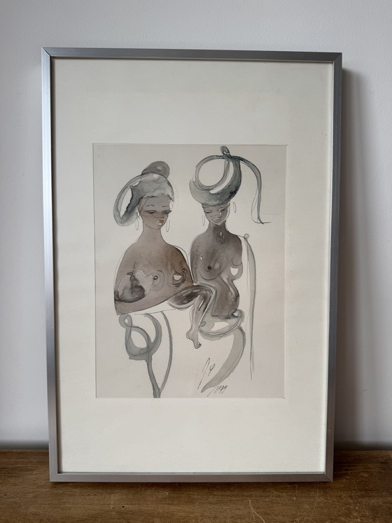 Dibujo original de arte africano modernista de 1979: Maternidad (acuarela y tinta). – Pinturas y dibujos (photo 2 of 6)