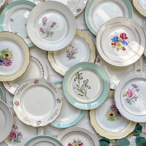 Vintage Floral Faience Flat Plate, Sold Individually