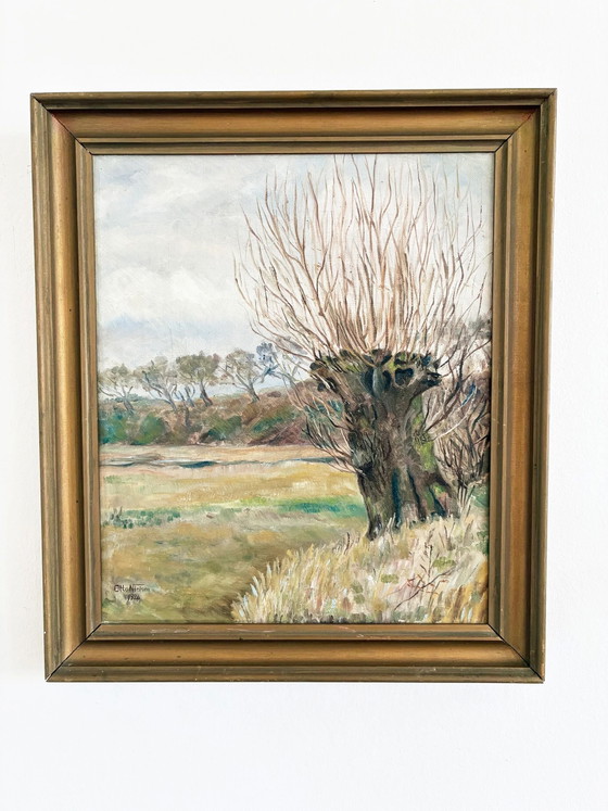 Image 1 of Peinture à l'huile originale ancienne représentant un paysage de campagne, signée.