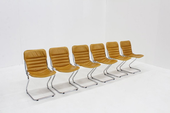 Image 1 of Set of 6 vintage chrome and leather dining chairs, 1970s, Italy
