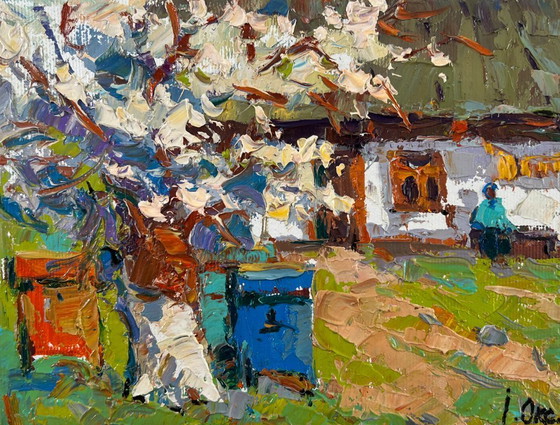 Image 1 of Original Oil Painting Summer House Landscape Old apple tree