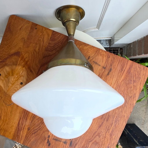 Brass, Opaline Glass Pendant Light 1920's