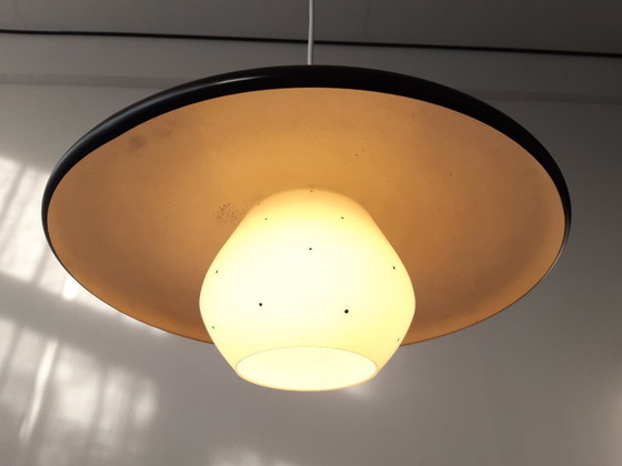 Image 1 of Vintage milk glass UFO-shaped pendant lamp with metal saucer, mcm lamp