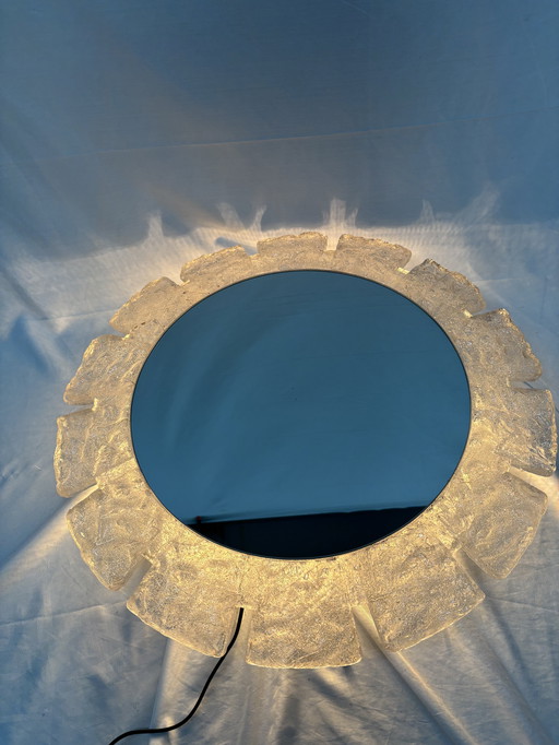 Specchio da parete vintage illuminato in vetro ghiacciato, Hillebrand anni '70