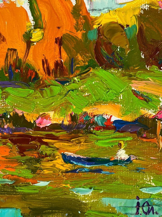 Image 1 of Pintura al óleo original: Paisaje natural, bosque, orilla del río Sunny