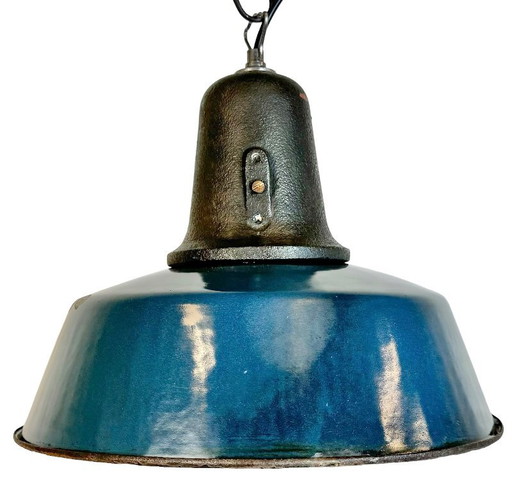 Industrial Blue Enamel Factory Lamp with Cast Iron Top, 1960s