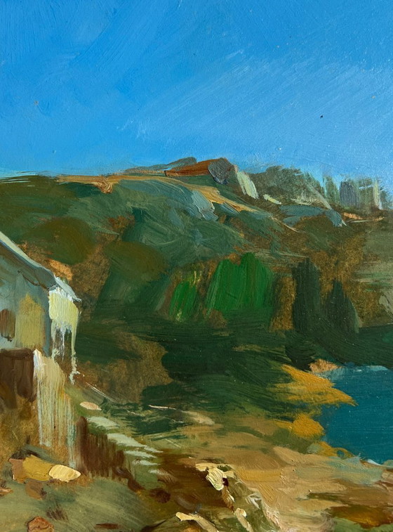 Image 1 of Pintura al óleo original: Paisaje costero marino a través de la inmensidad del mar.