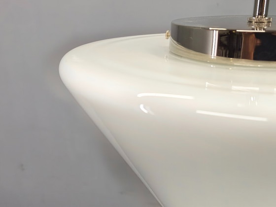 Image 1 of Art Deco Style Pendant Light, Chrome & Milk Glass, 1970s