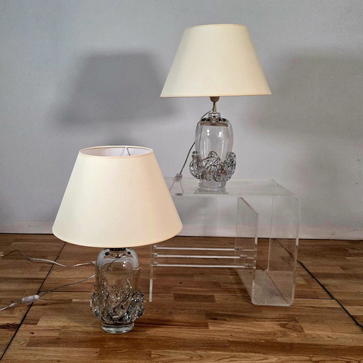 Daum France, pair of Sirius crystal lamps, model created in 1952