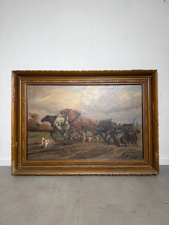 Jef Van Leemputten (Amberes, 1865–1948) – Gran óleo sobre lienzo “Caballos de granja trabajando” (photo 2 of 6)