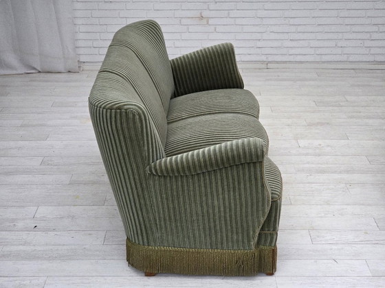 Image 1 of 1960s, Danish 3-seater sofa, original green furniture velour, oak wood.