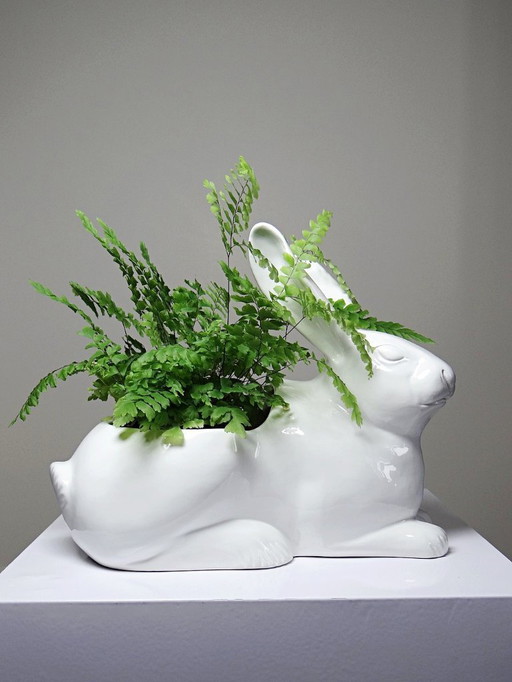 Jardinière/Pot Lapin blanc en faïence Italienne vintage