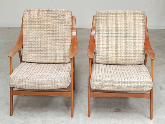 Paar Boomerang-Stil Sessel aus ecru-beigem Stoff, 1960er Jahre. – Wood, Scandinavian (photo 10 of 20)