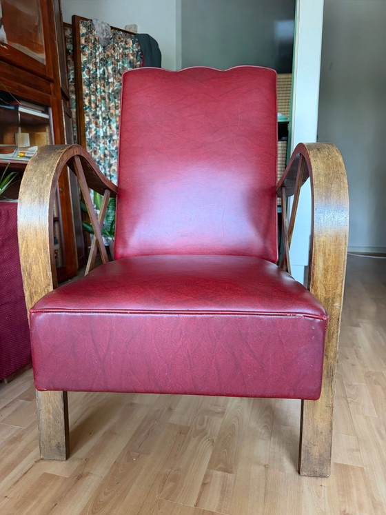 Red armchair with wooden armrests, Textile, Vintage (photo 2 of 5)