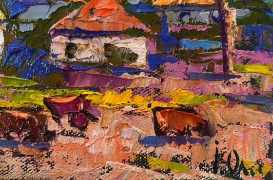 Image 1 of Original Oil Painting Day Village Landscape Spring silence above the pond