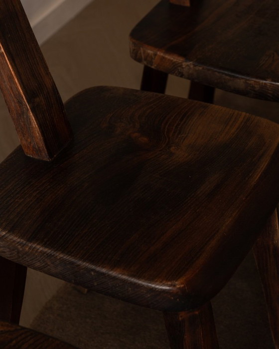 Image 1 of Set of 3 Vintage “T” Dining Chairs by Aranjou, France (c.1960s) – Stained Elm, Brutalist Sculptural