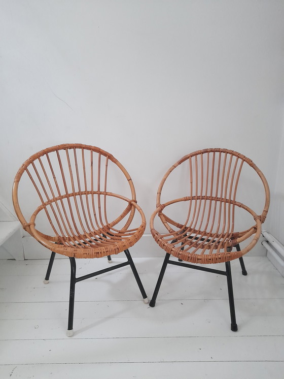 Image 1 of Lot de 2 chaises enfant rotin 1960s