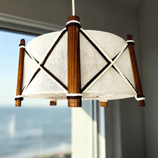 Nautical style Scandinavian wood and linen lampshade hanging lamp vintage