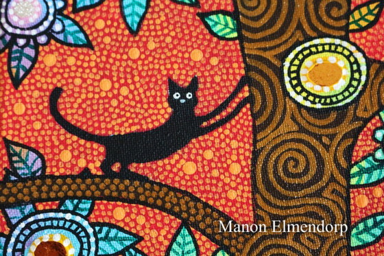 Image 1 of Uniek Handgeschilderd Schilderijtje Katten in Boom 30x18 cm 