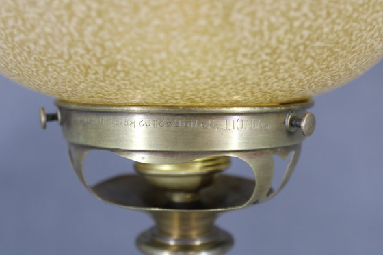 Image 1 of 1940s Restored Brass Table Lamp with Marble Base and Glass Shade