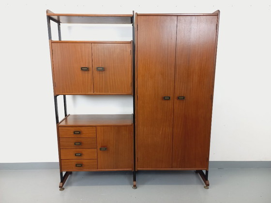 Image 1 of Vintage Italian teak and metal double modular bookshelf from the 60s