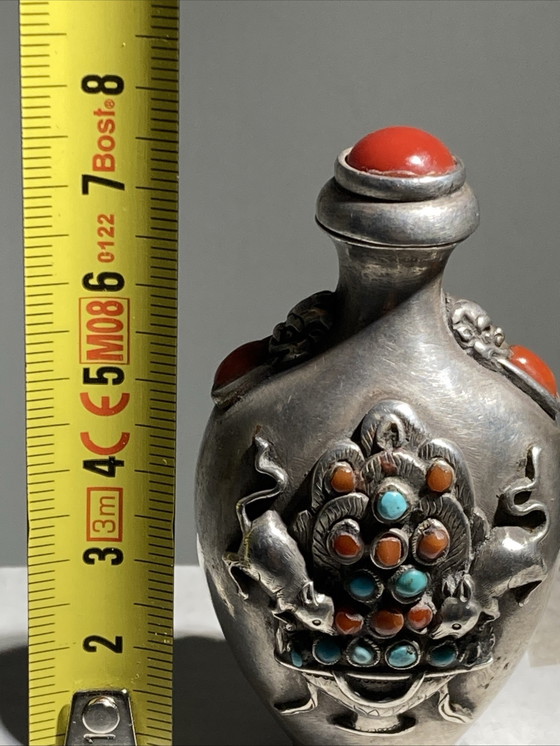 Image 1 of Antique kohl bottle, partially made of silver, inlaid with turquoise and coral