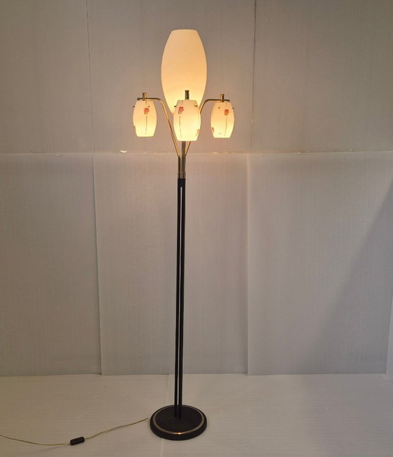 Image 1 of Vintage 1950s Floor Lamp by Maison Arlus, Metal, Brass & Opal Glass, 50s Rockabilly