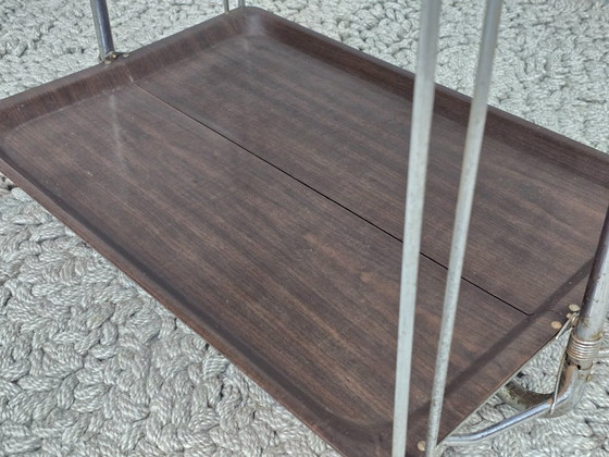 Image 1 of Vintage Foldable and Mobile Chrome Steel 2 Faux Wood Layers ‘Dinett’ Serving Trolley by Bremshey Gerlinol, Germany, 1970s. 