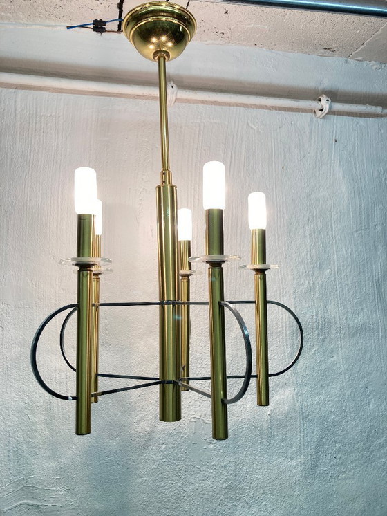 Image 1 of Lustre Sciolari, design des années 1970, laiton, chrome, verre