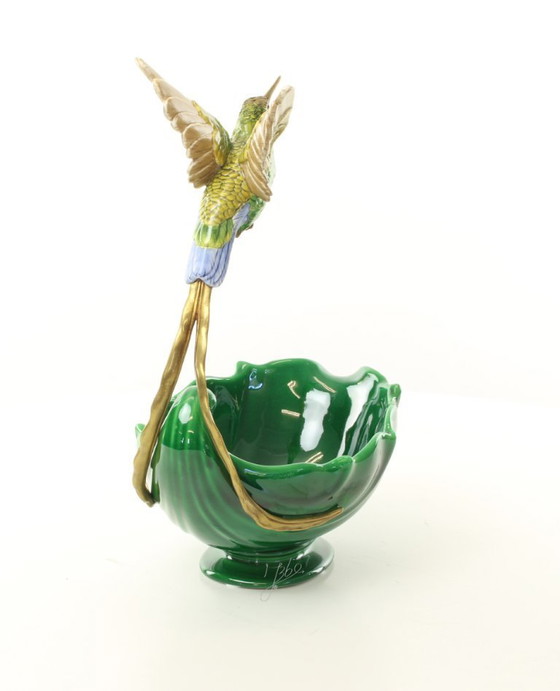 Image 1 of HUMMINGBIRD PLANTER JASMINE PORCELAIN + BRONZE ORMOLU BIRD BOWL SCULPTURE