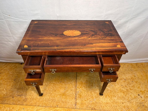 Image 1 of Antique Edwardian Rosewood Inlaid Desk / Transforming Games Table (1900–1910)  A Masterpiece of Dual-Function Design with Exquis