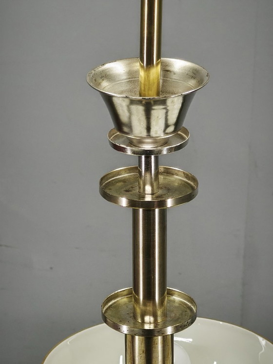 Image 1 of Lustre Art Déco tchèque des années 1930 en nickel avec abat-jour en verre champagne