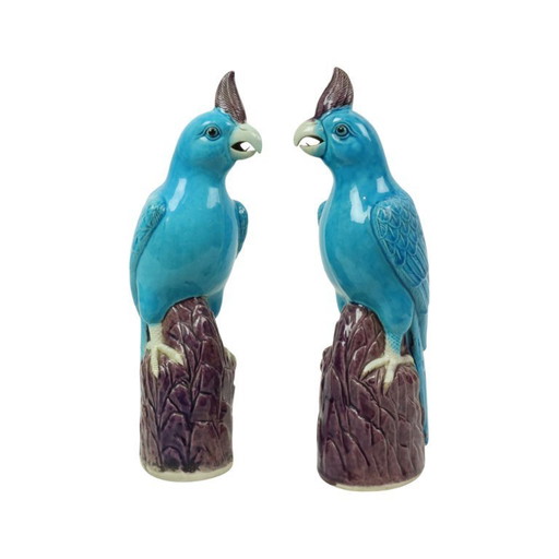 Paire de perroquets émaillés turquoise