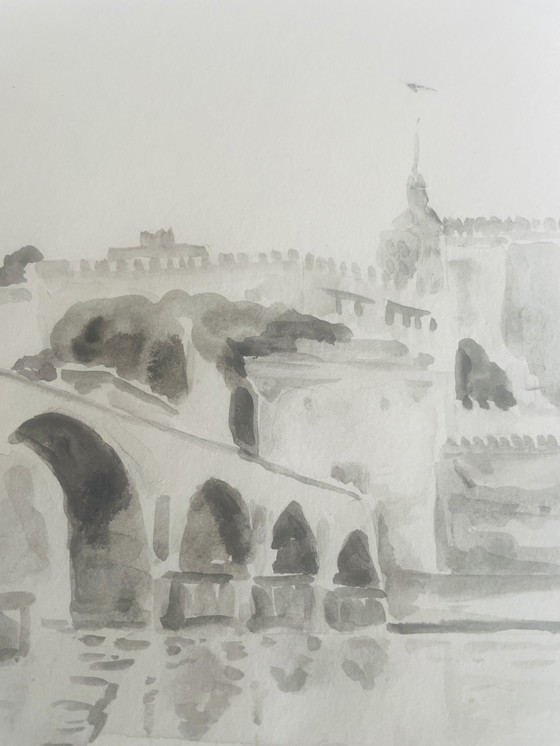 Image 1 of Signiertes Aquarell monochrom sepia Pont d'Avignon