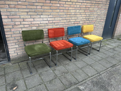 4 Ribstof Stoelen met Chrome Buisframe