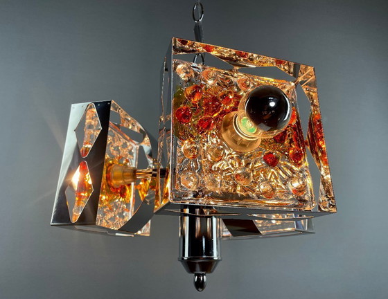 Image 1 of Toni Zuccheri per Mazzega, lampada a sospensione a tre luci in vetro di Murano e cromo degli anni Settanta.