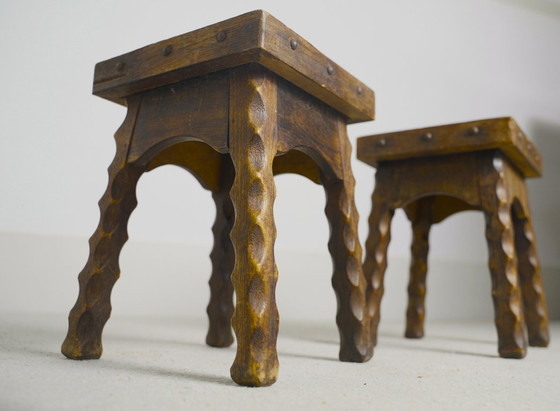 Image 1 of Rustic Oak Stools, 1940s French Hand-Carved Farmhouse Milking Stools, Fireplace Chalet Mountain Decor with Studded Leather Seats