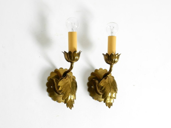 Image 1 of Two beautiful original Mid Century Modern floral wall lamps made of brass with high-quality lampshades