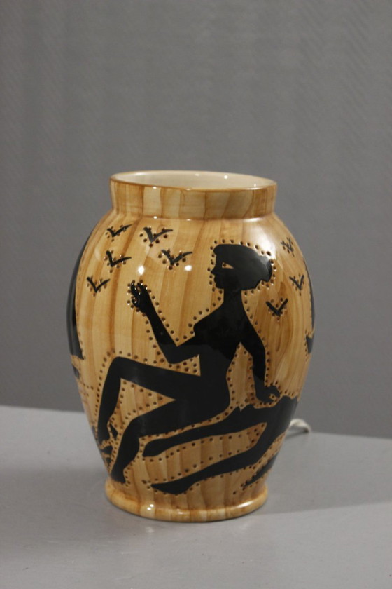 Image 1 of Grandjean Jourdan in Vallauris - Sfeerlamp met opengewerkte details en maritiem tafereel, jaren 1950