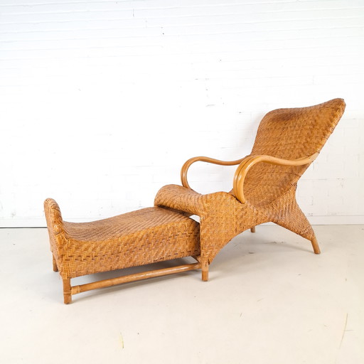Vintage rotan fauteuil met voetenbank