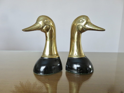 Pair De Serre Livres En Laiton Doré Et Laiton Laqué Noir "Canard" 1970