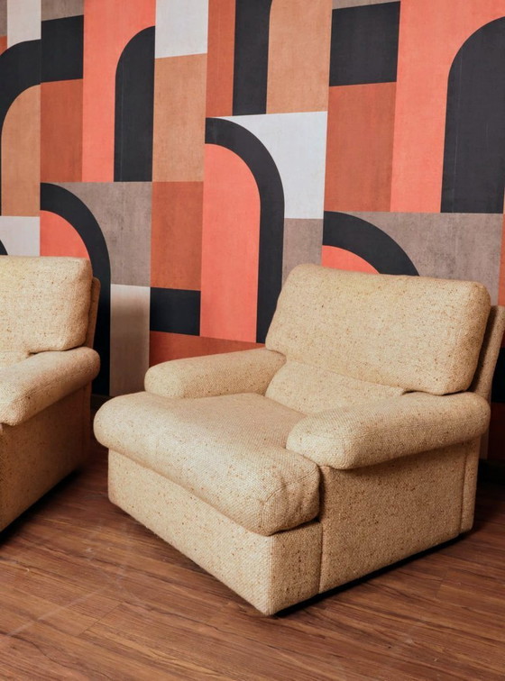 Image 1 of Vintage fauteuils, beige stof, minimalistisch design, 1980, set van 2