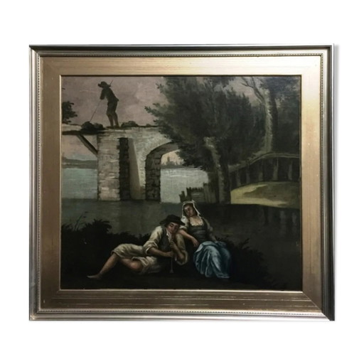 Ancient painting "The Romantic Rendezvous" by an unknown artist. – schilderijen tekeningen, Canvas