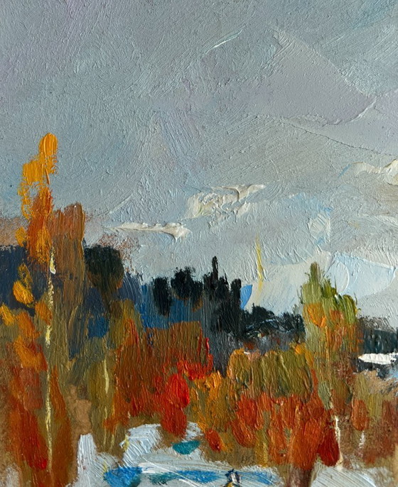 Image 1 of Original Oil Painting Winter Forest Landscape Walking in the winter forest