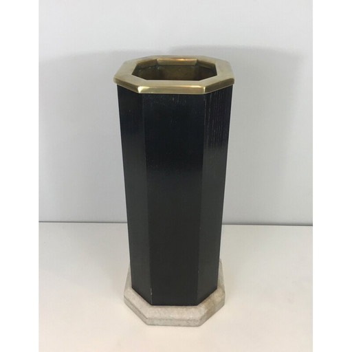 Vintage umbrella stand in blackened wood, brass and marble, 1950